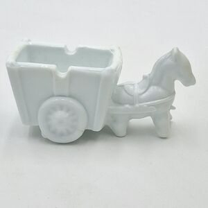 Vintage Milk Glass Donkey Horse With Cart Ashtray Candy Trinket Dish
